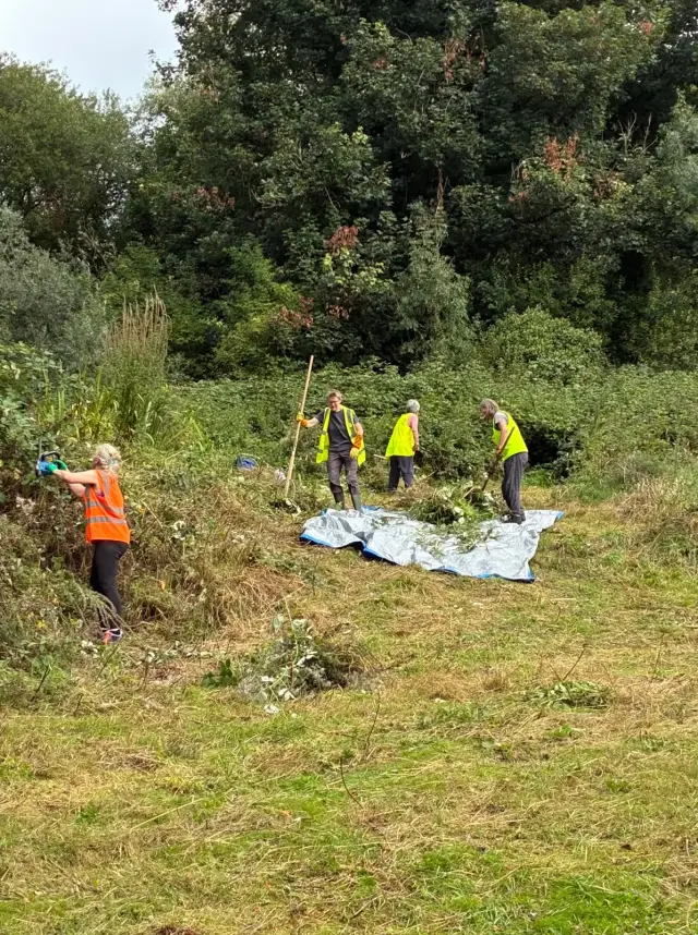 FGVW volunteers in hi-vis clearing brambles and vegetation at an action morning