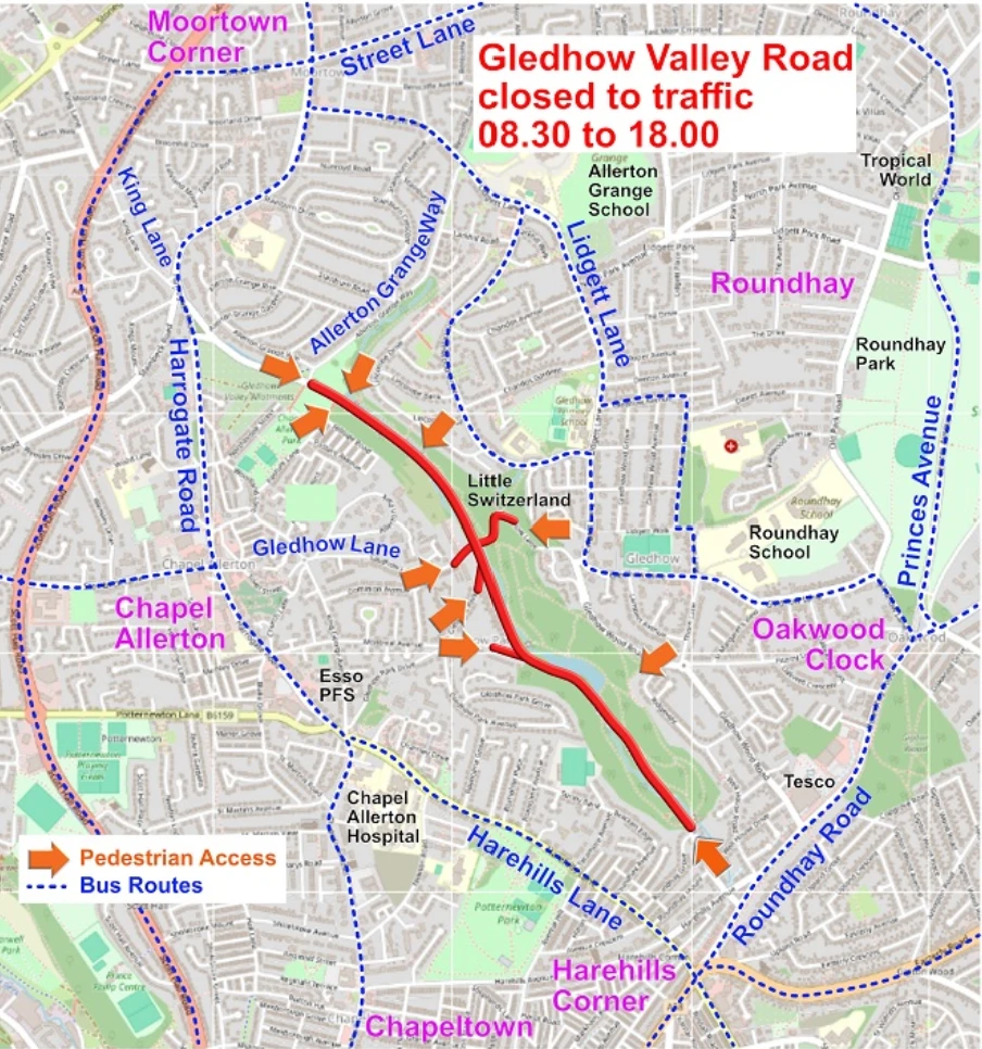 Map showing Gledhow Valley Road closed to traffic 08:30 to 18:00, with pedestrian access routes and nearby bus routes marked